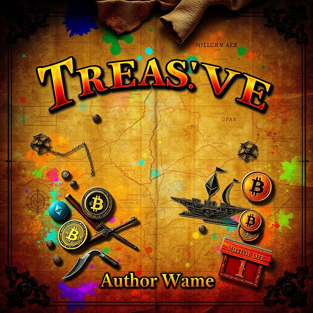 A captivating and hauntingly attractive book cover design featuring an ancient, tattered treasure map as the background, adorned with vibrant colors that evoke a sense of mystery and adventure