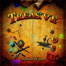 A captivating and hauntingly attractive book cover design featuring an ancient, tattered treasure map as the background, adorned with vibrant colors that evoke a sense of mystery and adventure