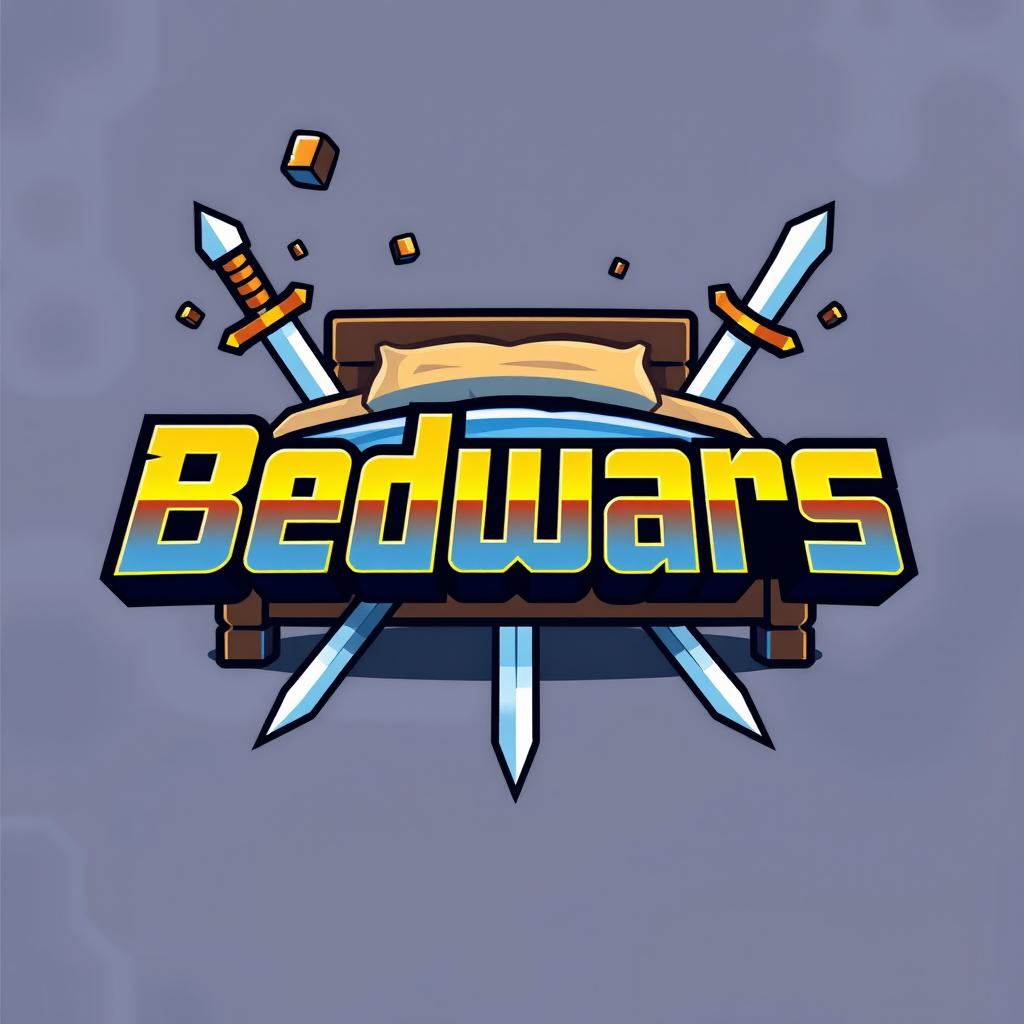 A cool and elegant logo or profile picture for a Bedwars-themed YouTube channel, featuring a stylized representation of a bed, pixelated blocks, and swords