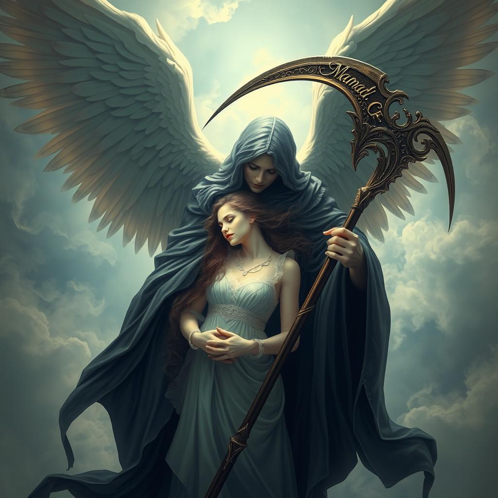 An artistic portrayal of Azrael, the Angel of Death, gently taking the soul of a beautiful woman