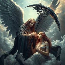 An artistic portrayal of Azrael, the Angel of Death, gently taking the soul of a beautiful woman