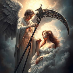An artistic portrayal of Azrael, the Angel of Death, gently taking the soul of a beautiful woman