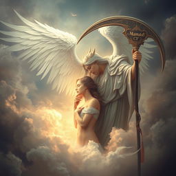An artistic portrayal of Azrael, the Angel of Death, gently taking the soul of a beautiful woman