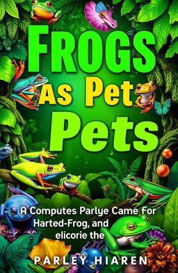 An eye-catching book cover for the Kindle book titled "Frogs as Pets: A Complete Guide to Caring for Tree Frogs, Dart Frogs, and More"