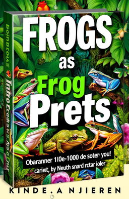 An eye-catching book cover for the Kindle book titled "Frogs as Pets: A Complete Guide to Caring for Tree Frogs, Dart Frogs, and More"