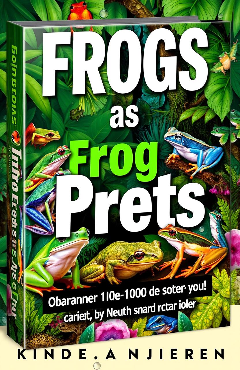 An eye-catching book cover for the Kindle book titled "Frogs as Pets: A Complete Guide to Caring for Tree Frogs, Dart Frogs, and More"