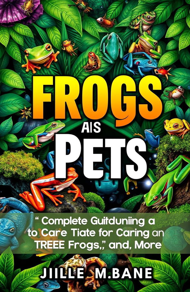 An eye-catching book cover for the Kindle book titled "Frogs as Pets: A Complete Guide to Caring for Tree Frogs, Dart Frogs, and More"