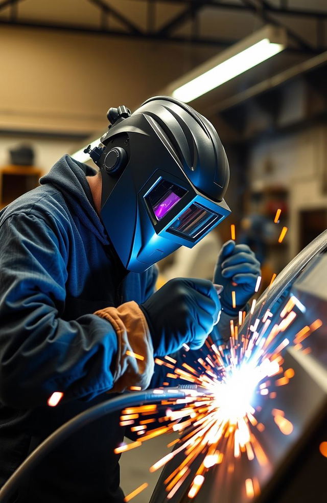 A visually engaging scene depicting a professional welder wearing full safety gear, including a welding helmet, gloves, and protective clothing, working on a large metal structure