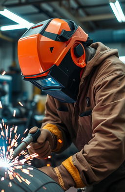 A visually engaging scene depicting a professional welder wearing full safety gear, including a welding helmet, gloves, and protective clothing, working on a large metal structure