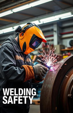 A visually engaging scene depicting a professional welder wearing full safety gear, including a welding helmet, gloves, and protective clothing, working on a large metal structure