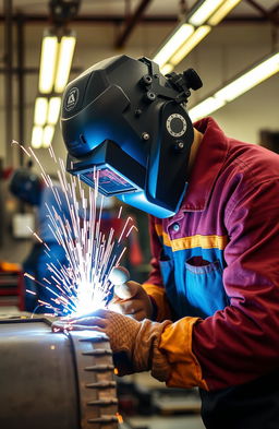 A visually engaging scene depicting a professional welder wearing full safety gear, including a welding helmet, gloves, and protective clothing, working on a large metal structure