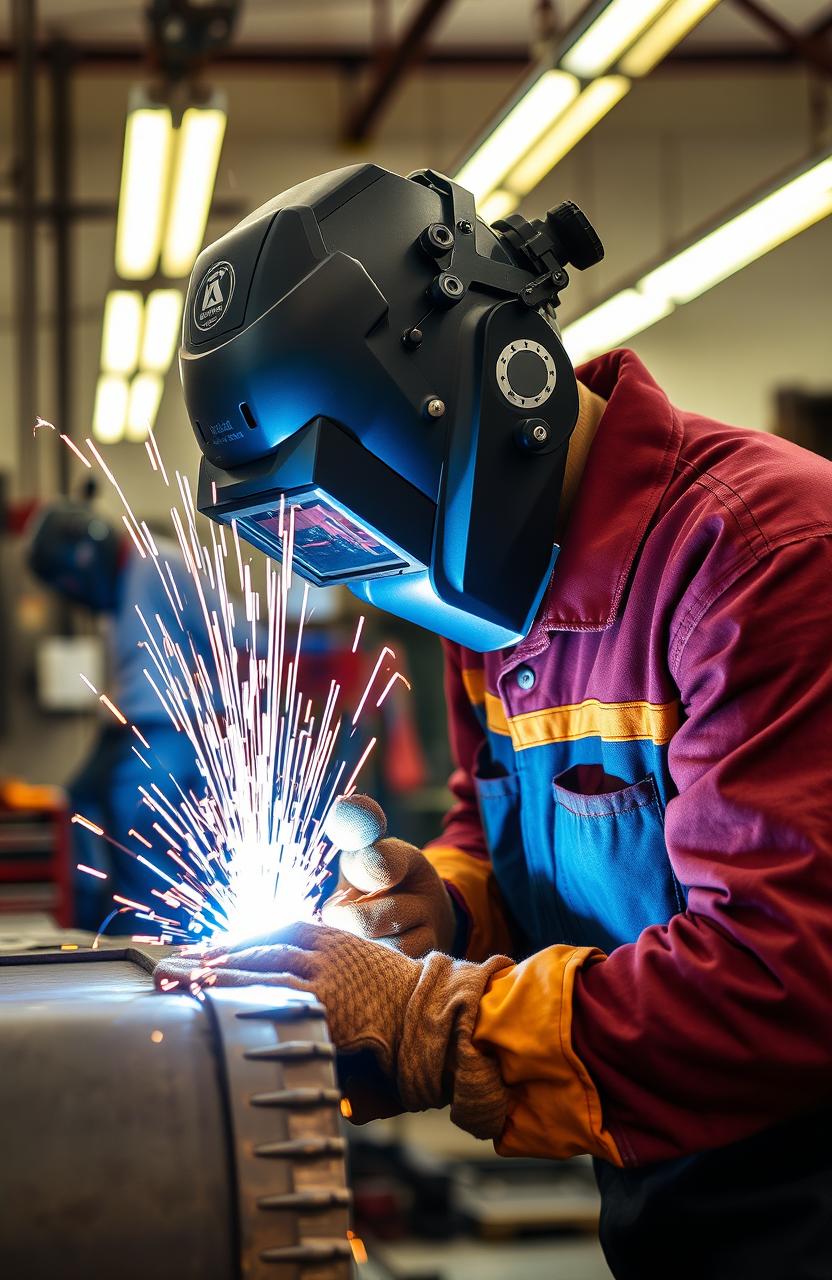 A visually engaging scene depicting a professional welder wearing full safety gear, including a welding helmet, gloves, and protective clothing, working on a large metal structure