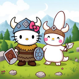 A vibrant and adorable scene featuring Hello Kitty and Cinnamoroll as Vikings