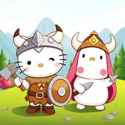 A vibrant and adorable scene featuring Hello Kitty and Cinnamoroll as Vikings