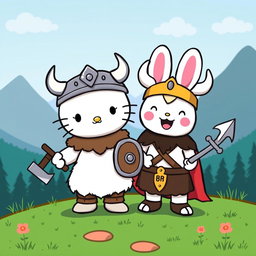 A vibrant and adorable scene featuring Hello Kitty and Cinnamoroll as Vikings