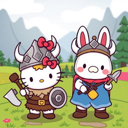 A vibrant and adorable scene featuring Hello Kitty and Cinnamoroll as Vikings