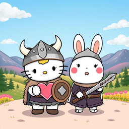 A charming and playful illustration of Hello Kitty and Cinnamoroll as Vikings