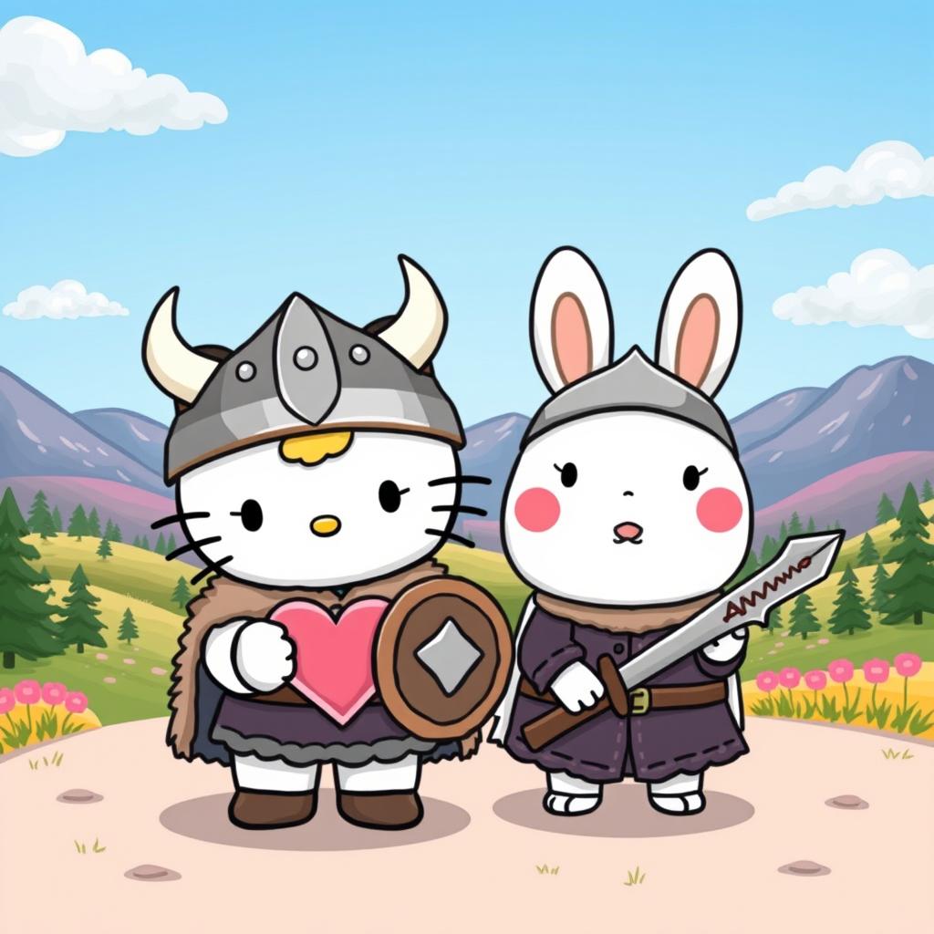 A charming and playful illustration of Hello Kitty and Cinnamoroll as Vikings