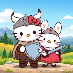 A charming and playful illustration of Hello Kitty and Cinnamoroll as Vikings