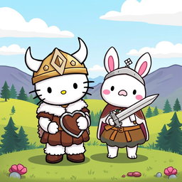 A charming and playful illustration of Hello Kitty and Cinnamoroll as Vikings