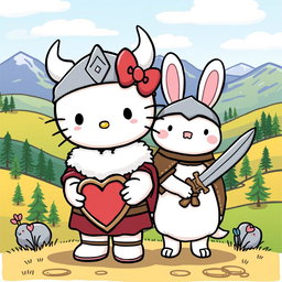 A charming and playful illustration of Hello Kitty and Cinnamoroll as Vikings