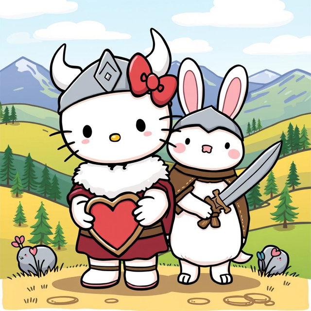A charming and playful illustration of Hello Kitty and Cinnamoroll as Vikings