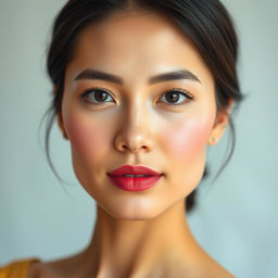 A beauty portrait of a woman with flawless skin, showcasing natural beauty without any light spots or blemishes on her face