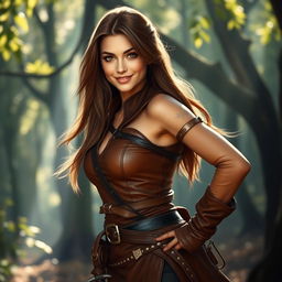 A charming adult female rogue dressed in a snug brown leather outfit that highlights her agility and allure
