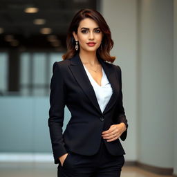A stylish woman wearing a formal black suit, standing confidently in a 2x2 format