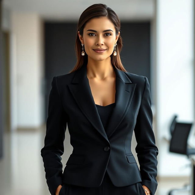 A stylish woman wearing a formal black suit, standing confidently in a 2x2 format