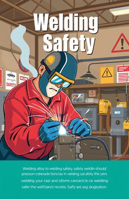 A visually engaging and informative illustration about welding safety, featuring a skilled welder in a safety helmet and goggles, working in a well-organized workshop filled with welding equipment