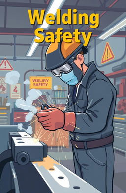 A visually engaging and informative illustration about welding safety, featuring a skilled welder in a safety helmet and goggles, working in a well-organized workshop filled with welding equipment