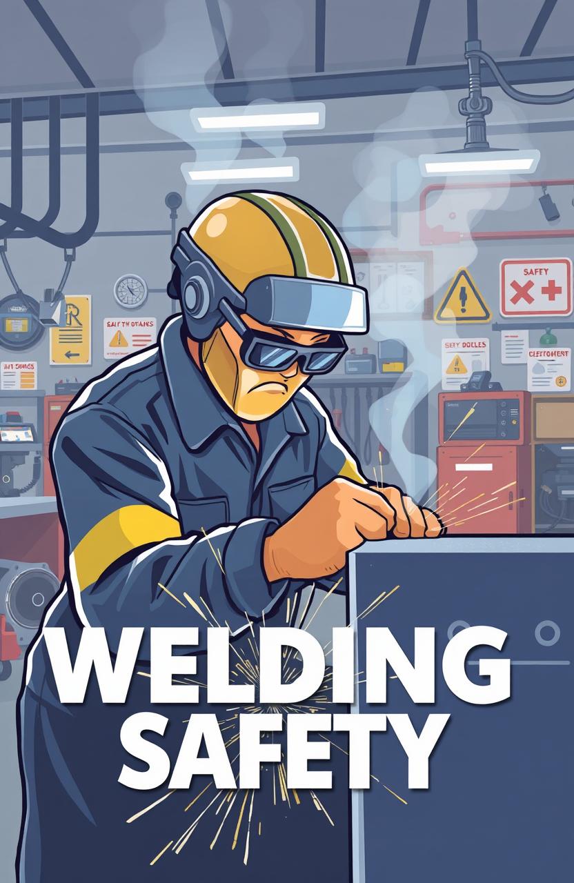 A visually engaging and informative illustration about welding safety, featuring a skilled welder in a safety helmet and goggles, working in a well-organized workshop filled with welding equipment