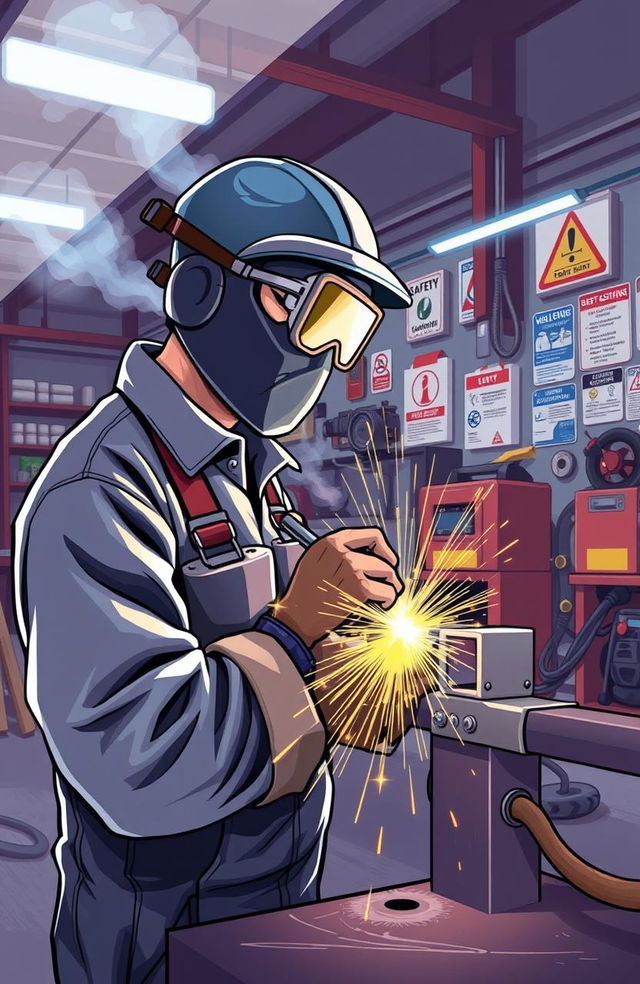 A visually engaging and informative illustration about welding safety, featuring a skilled welder in a safety helmet and goggles, working in a well-organized workshop filled with welding equipment