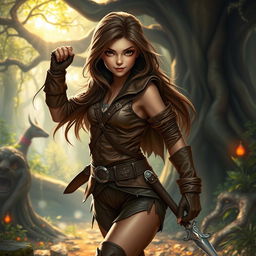 A charming young human rogue in a snug brown leather outfit that accentuates her agility and allure, set in a fantastical environment