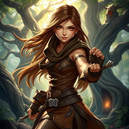 A charming young human rogue in a snug brown leather outfit that accentuates her agility and allure, set in a fantastical environment
