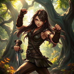 A charming young human rogue in a snug brown leather outfit that accentuates her agility and allure, set in a fantastical environment