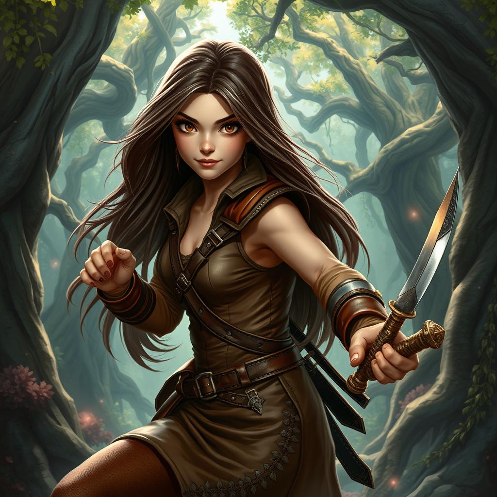 A charming young human rogue in a snug brown leather outfit that accentuates her agility and allure, set in a fantastical environment
