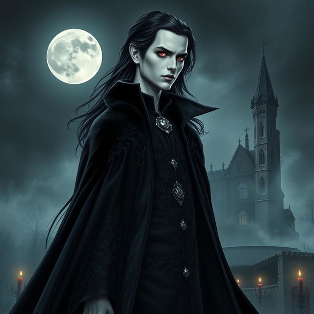 A striking vampire character design for a gothic novel cover, featuring a tall and elegant figure with pale skin and sharp features