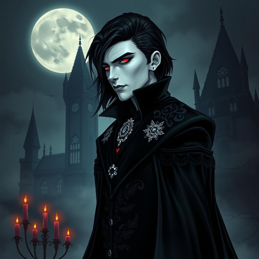 A striking vampire character design for a gothic novel cover, featuring a tall and elegant figure with pale skin and sharp features