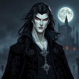 A striking vampire character design for a gothic novel cover, featuring a tall and elegant figure with pale skin and sharp features
