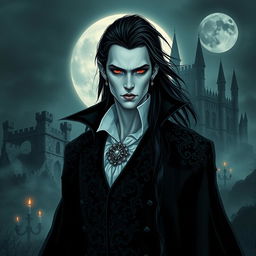 A striking vampire character design for a gothic novel cover, featuring a tall and elegant figure with pale skin and sharp features