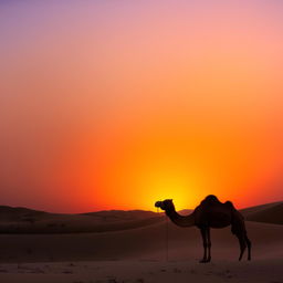 A sunset scenery in the Sahara Desert featuring a lone camel silhouette seeped in a myriad of intense orange, red, and purple hues