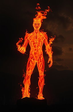 A humanoid figure made entirely of flames, standing tall against a dark, smoky background