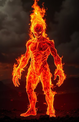 A humanoid figure made entirely of flames, standing tall against a dark, smoky background