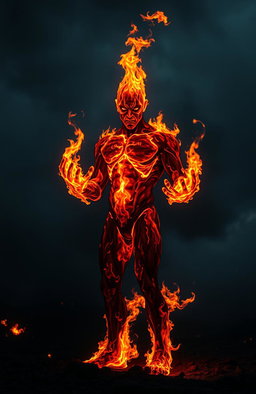 A humanoid figure made entirely of flames, standing tall against a dark, smoky background
