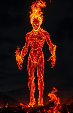 A humanoid figure made entirely of flames, standing tall against a dark, smoky background