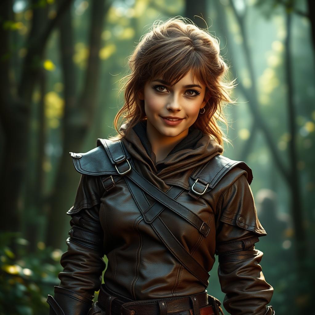 A charming young human rogue dressed in snug brown leather armor, skillfully designed with intricate details and slight lacing