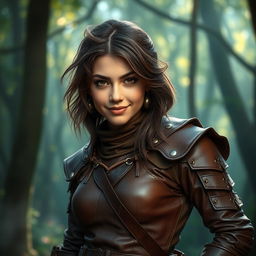 A charming young human rogue dressed in snug brown leather armor, skillfully designed with intricate details and slight lacing