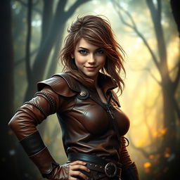 A charming young human rogue dressed in snug brown leather armor, skillfully designed with intricate details and slight lacing